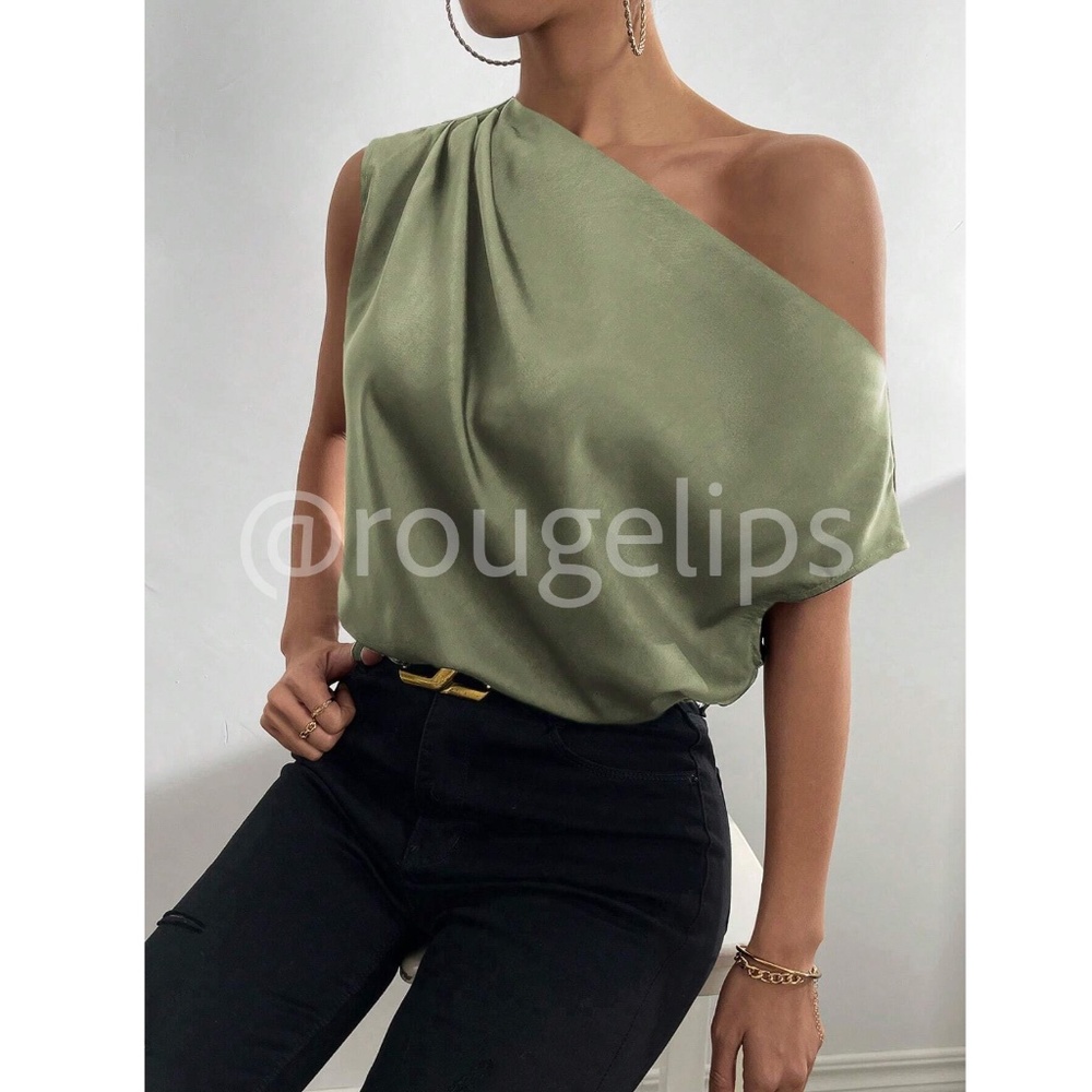 Army Green Satin Draped Asymmetrical Blouse Top Off One Shoulder - Picture 5 of 13